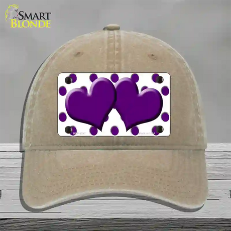 Purple White Polka Dot Purple Centered Hearts Novelty License Plate Hat Unconstructed Cotton / Khaki