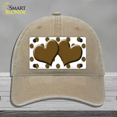 Brown White Polka Dot With Brown Centered Hearts Novelty License Plate Hat Unconstructed Cotton / Khaki