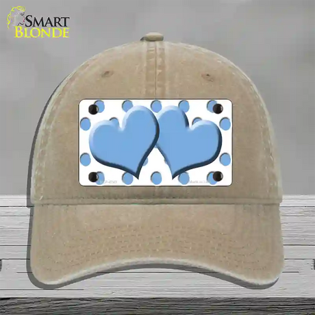 Light Blue White Polka Dot Light Blue Centered Hearts Novelty License Plate Hat Unconstructed Cotton / Khaki