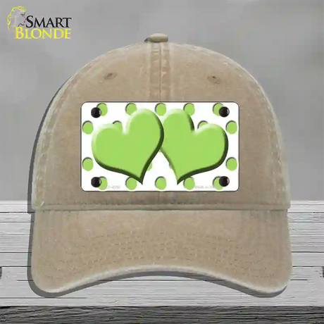 Lime Green White Polka Dot Lime Green Centered Hearts Novelty License Plate Hat Unconstructed Cotton / Khaki