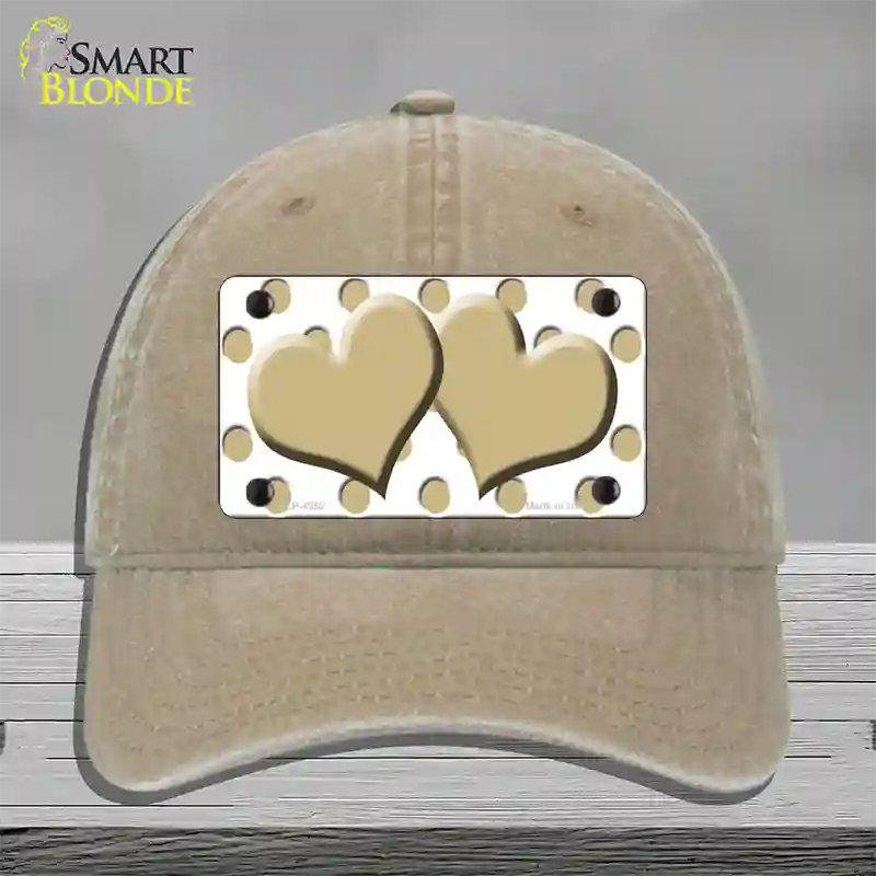 Gold White Polka Dot Gold Centered Hearts Novelty License Plate Hat Unconstructed Cotton / Khaki