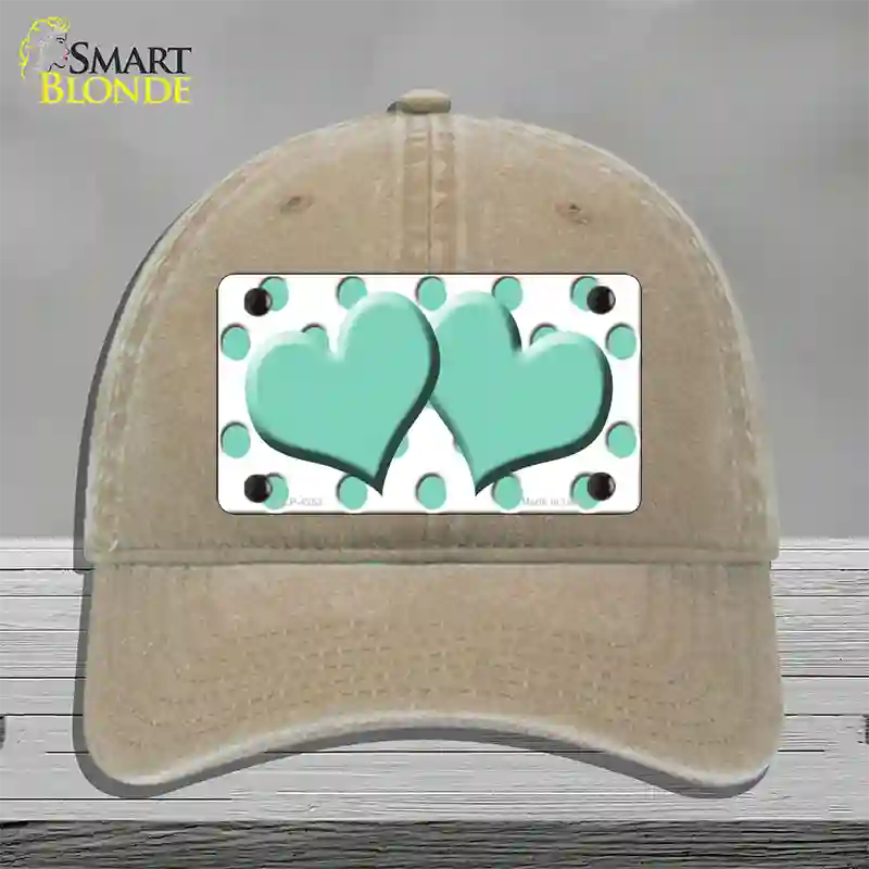 Mint White Polka Dot Mint Centered Hearts Novelty License Plate Hat Unconstructed Cotton / Khaki