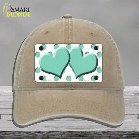 Mint White Polka Dot Mint Centered Hearts Novelty License Plate Hat Unconstructed Cotton / Khaki