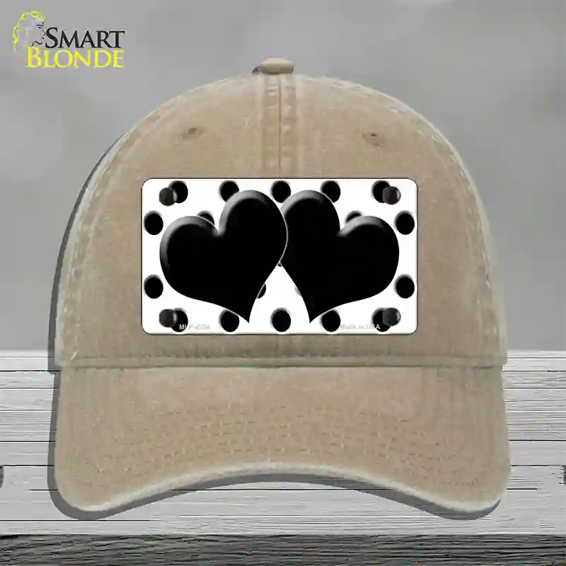 Black White Polka Dot Black Centered Hearts Novelty License Plate Hat Unconstructed Cotton / Khaki