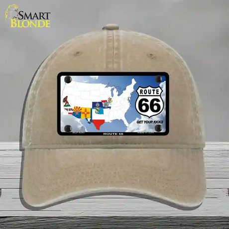 Route 66 8 Flags Clouds Novelty License Plate Hat Unconstructed Cotton / Khaki