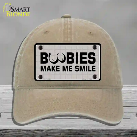 Boobies Make Me Smile Novelty License Plate Hat Unconstructed Cotton / Khaki