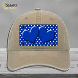 Blue White Polka Dot Center Hearts Novelty License Plate Hat Unconstructed Cotton / Khaki