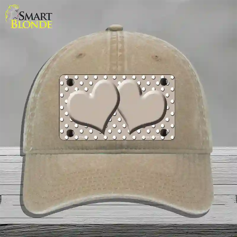 Tan White Polka Dot Center Hearts Novelty License Plate Hat Unconstructed Cotton / Khaki