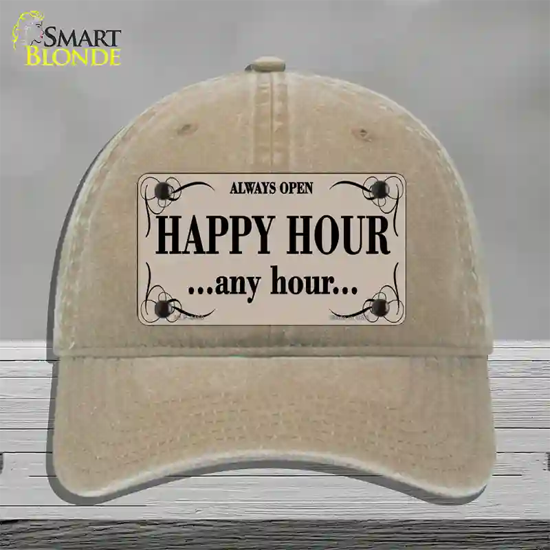 Happy Hour Any Hour Novelty License Plate Hat Unconstructed Cotton / Khaki