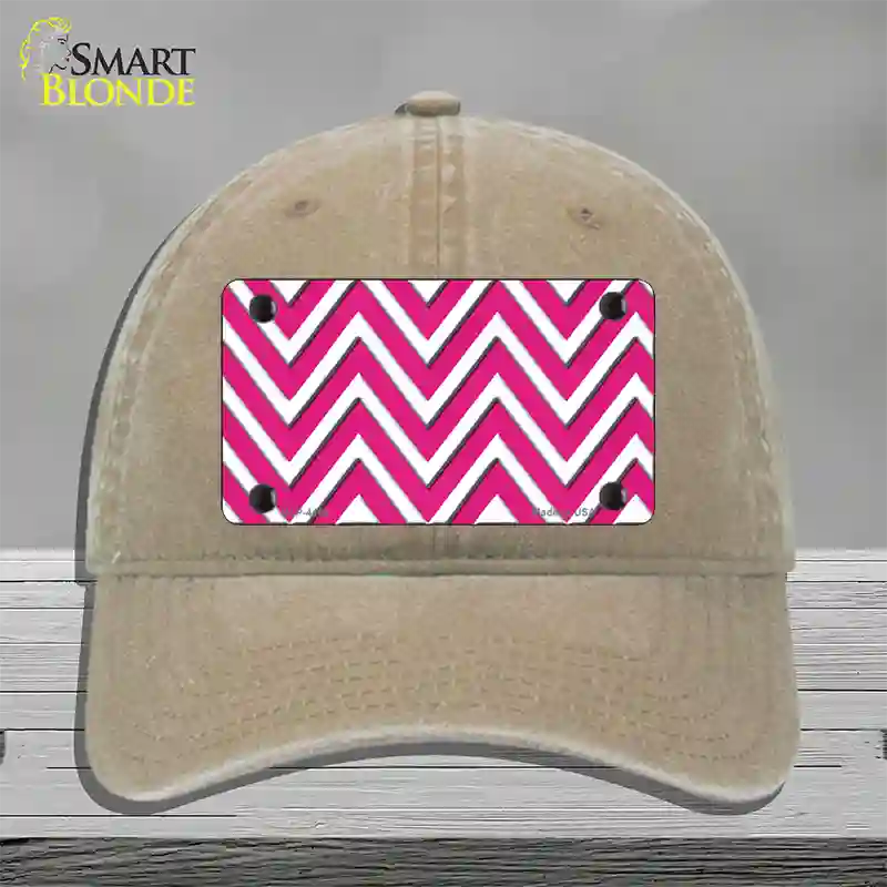 Pink White Large Chevron Novelty License Plate Hat Unconstructed Cotton / Khaki