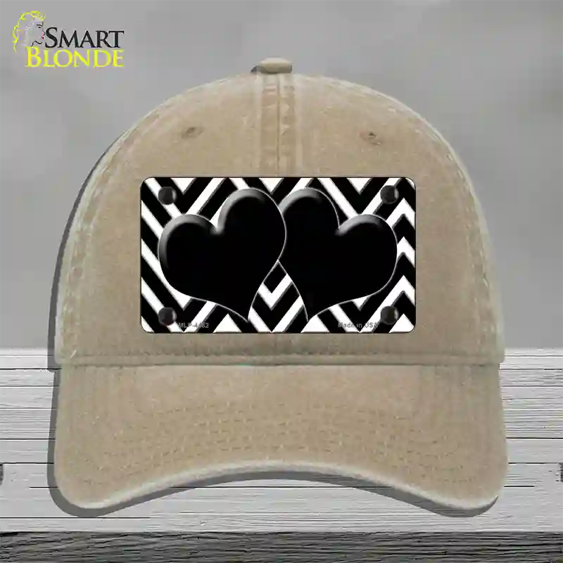 Black White Large Chevron Black Center Hearts Novelty License Plate Hat Unconstructed Cotton / Khaki