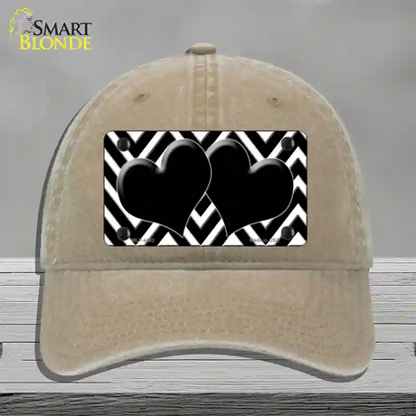 Black White Large Chevron Black Center Hearts Novelty License Plate Hat Unconstructed Cotton / Khaki