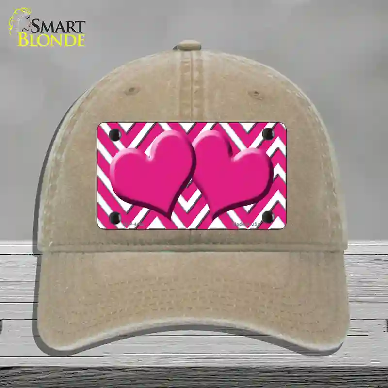 Pink White Large Chevron Hot Pink Center Hearts Novelty License Plate Hat Unconstructed Cotton / Khaki