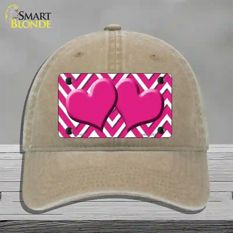 Pink White Large Chevron Hot Pink Center Hearts Novelty License Plate Hat Unconstructed Cotton / Khaki