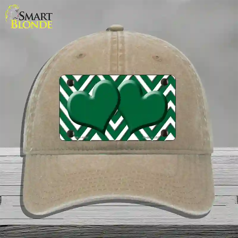 Green White Large Chevron Green Center Hearts Novelty License Plate Hat Unconstructed Cotton / Khaki