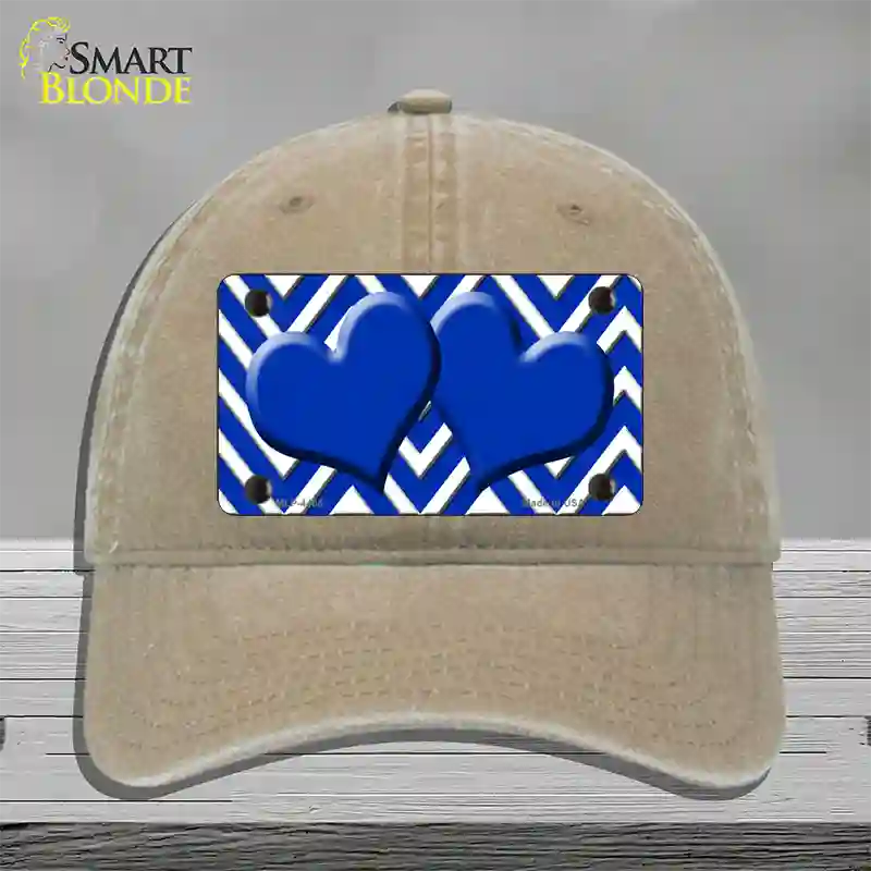 Blue White Large Chevron Blue Center Hearts Novelty License Plate Hat Unconstructed Cotton / Khaki