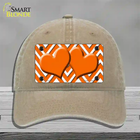 Orange White Large Chevron Orange Center Hearts Novelty License Plate Hat Unconstructed Cotton / Khaki