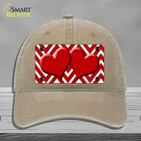 Red White Large Chevron Red Center Hearts Novelty License Plate Hat Unconstructed Cotton / Khaki