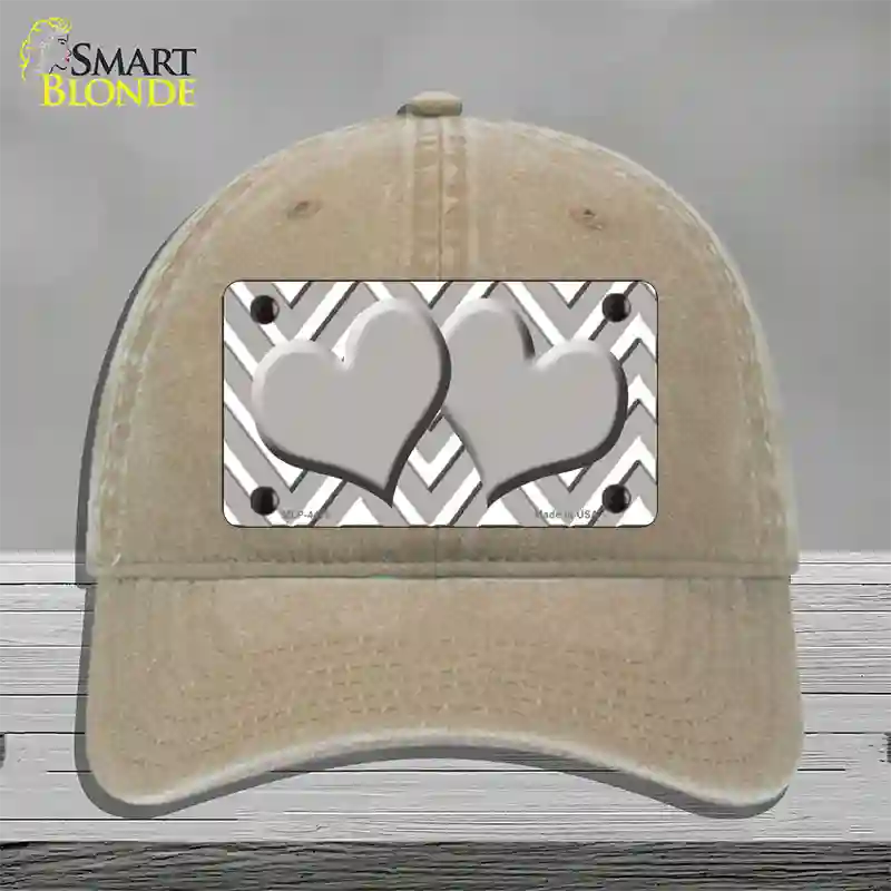 Grey White Large Chevron Grey Center Hearts Novelty License Plate Hat Unconstructed Cotton / Khaki