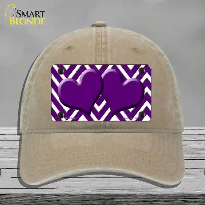 Purple White Large Chevron Purple Center Hearts Novelty License Plate Hat Unconstructed Cotton / Khaki