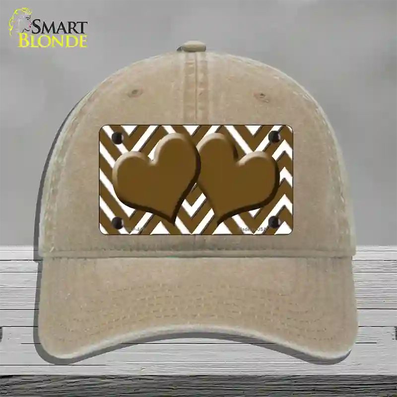 Brown White Large Chevron Brown Center Hearts Novelty License Plate Hat Unconstructed Cotton / Khaki