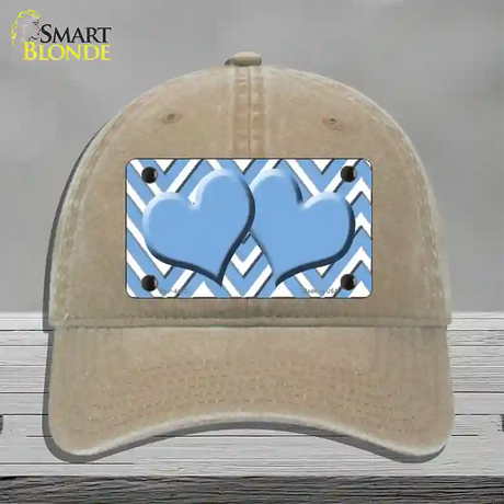 Light Blue White Large Chevron Light Blue Center Hearts Novelty License Plate Hat Unconstructed Cotton / Khaki