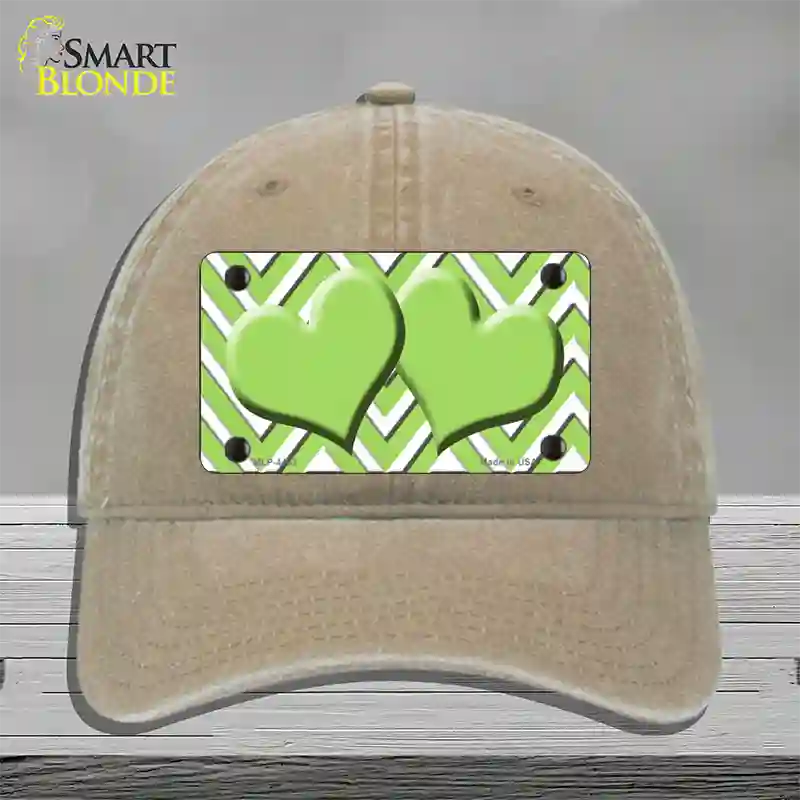 Lime Green White Large Chevron Lime Green Center Hearts Novelty License Plate Hat Unconstructed Cotton / Khaki