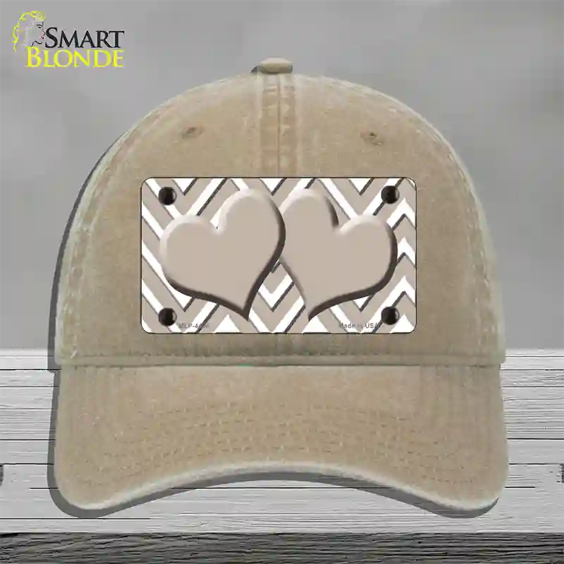 Tan White Large Chevron Tan Center Hearts Novelty License Plate Hat Unconstructed Cotton / Khaki