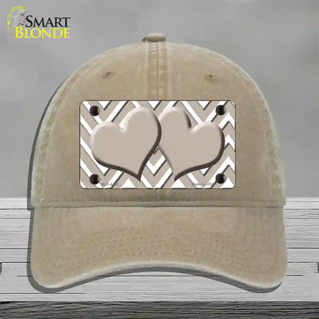 Tan White Large Chevron Tan Center Hearts Novelty License Plate Hat Unconstructed Cotton / Khaki