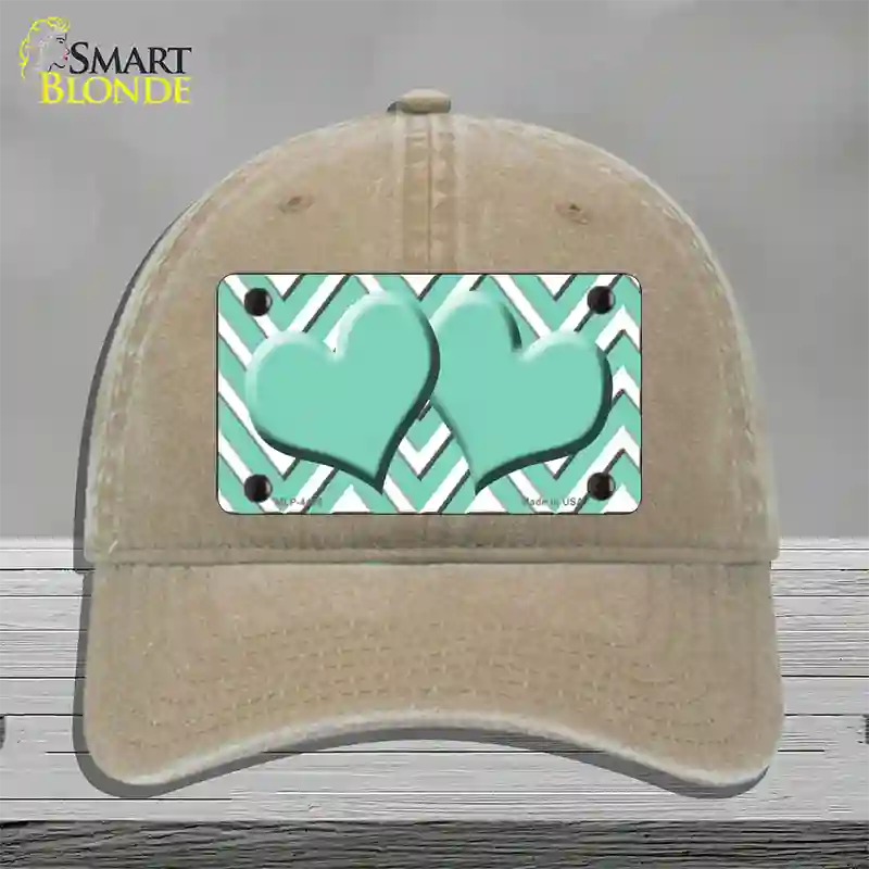 Mint White Large Chevron Mint Center Hearts Novelty License Plate Hat Unconstructed Cotton / Khaki