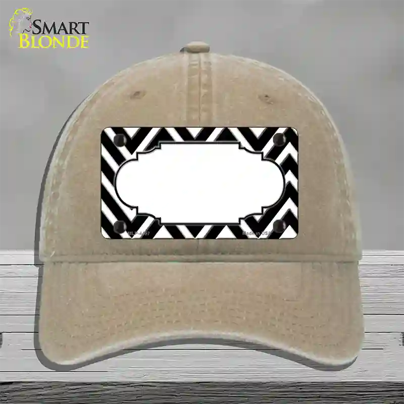 Black White Chevon Center Scallop Novelty License Plate Hat Unconstructed Cotton / Khaki