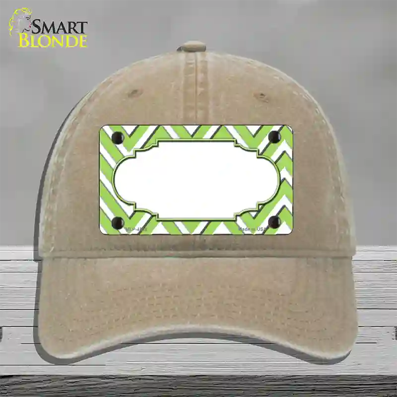 Lime Green White Large Chevron Center Scallop Novelty License Plate Hat Unconstructed Cotton / Khaki