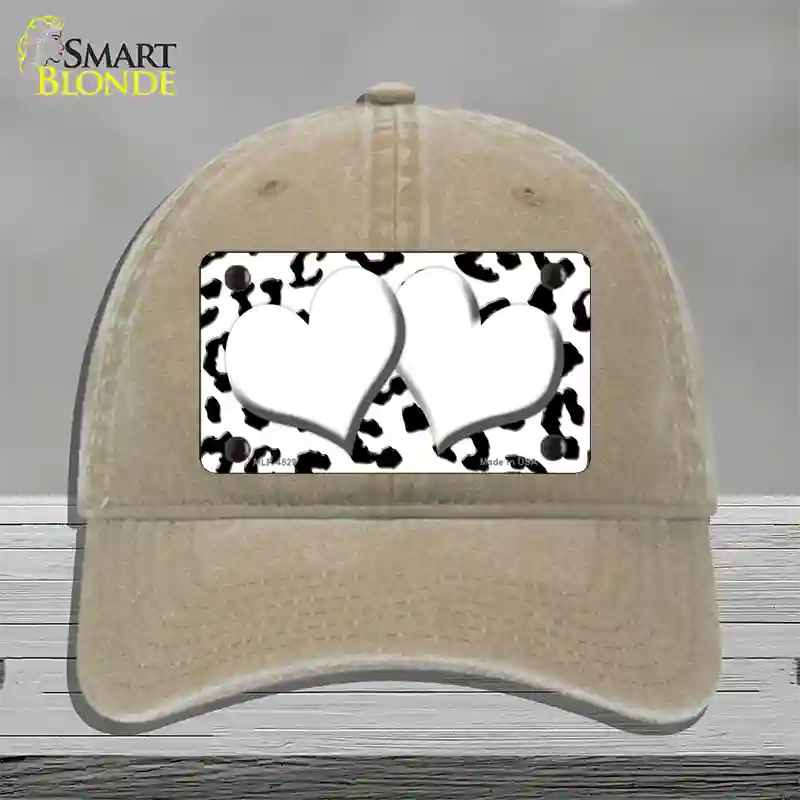 White Black Cheetah White Center Hearts Novelty License Plate Hat Unconstructed Cotton / Khaki