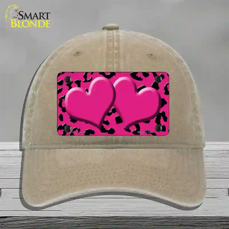 Pink Black Cheetah Pink Center Hearts Novelty License Plate Hat Unconstructed Cotton / Khaki