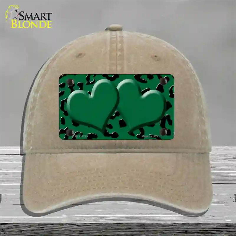 Green Black Cheetah Green Center Hearts Novelty License Plate Hat Unconstructed Cotton / Khaki