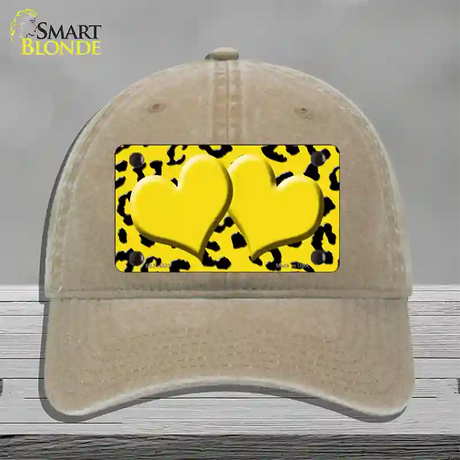 Yellow Black Cheetah Yellow Center Hearts Novelty License Plate Hat Unconstructed Cotton / Khaki