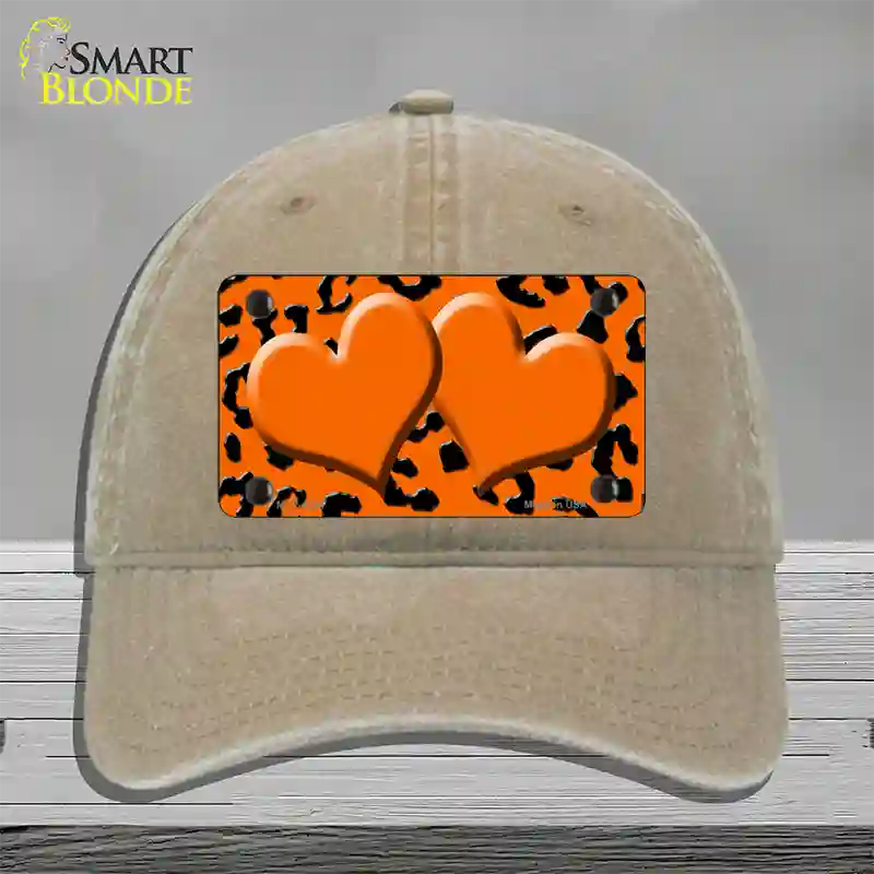 Orange Black Cheetah Orange Center Hearts Novelty License Plate Hat Unconstructed Cotton / Khaki