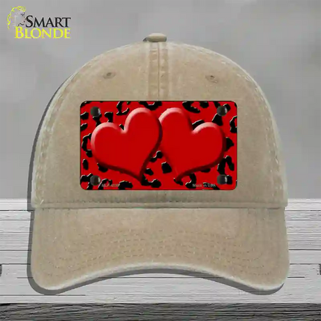 Red Black Cheetah Red Center Hearts Novelty License Plate Hat Unconstructed Cotton / Khaki