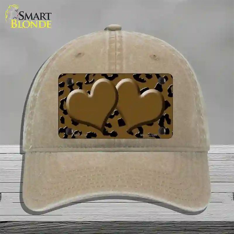 Brown Black Cheetah Brown Center Hearts Novelty License Plate Hat Unconstructed Cotton / Khaki