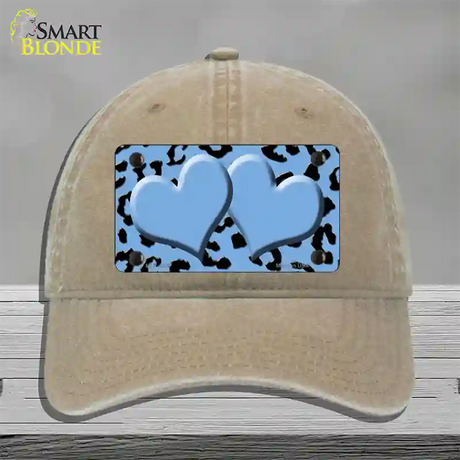 Light Blue Black Cheetah Light Blue Center Hearts Novelty License Plate Hat Unconstructed Cotton / Khaki