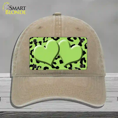 Lime Green Black Cheetah Lime Green Center Hearts Novelty License Plate Hat Unconstructed Cotton / Khaki