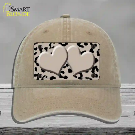 Tan Black Cheetah Tan Center Hearts Novelty License Plate Hat Unconstructed Cotton / Khaki