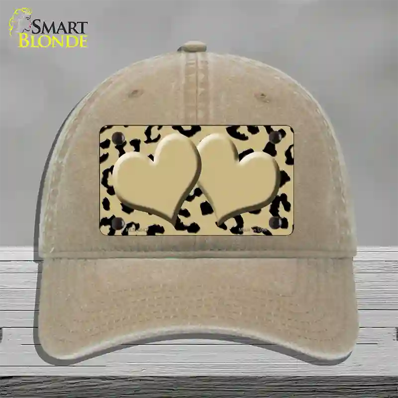 Gold Black Cheetah Gold Center Hearts Novelty License Plate Hat Unconstructed Cotton / Khaki