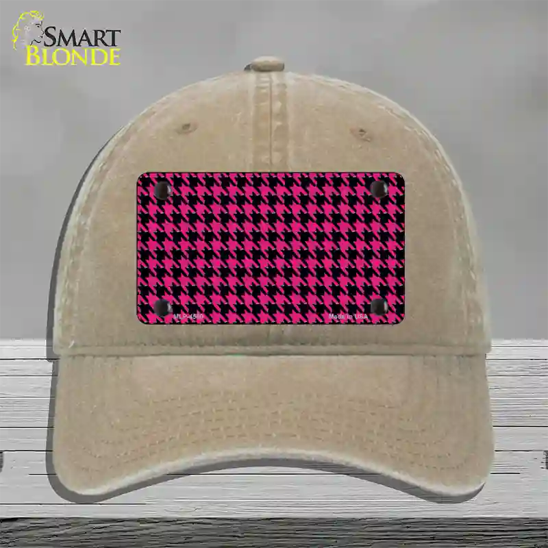 Pink Black Houndstooth Novelty License Plate Hat Unconstructed Cotton / Khaki