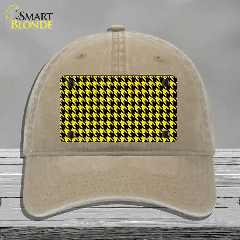 Yellow Black Houndstooth Novelty License Plate Hat Unconstructed Cotton / Khaki