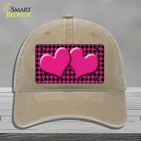 Pink Black Houndstooth Pink Center Hearts Novelty License Plate Hat Unconstructed Cotton / Khaki