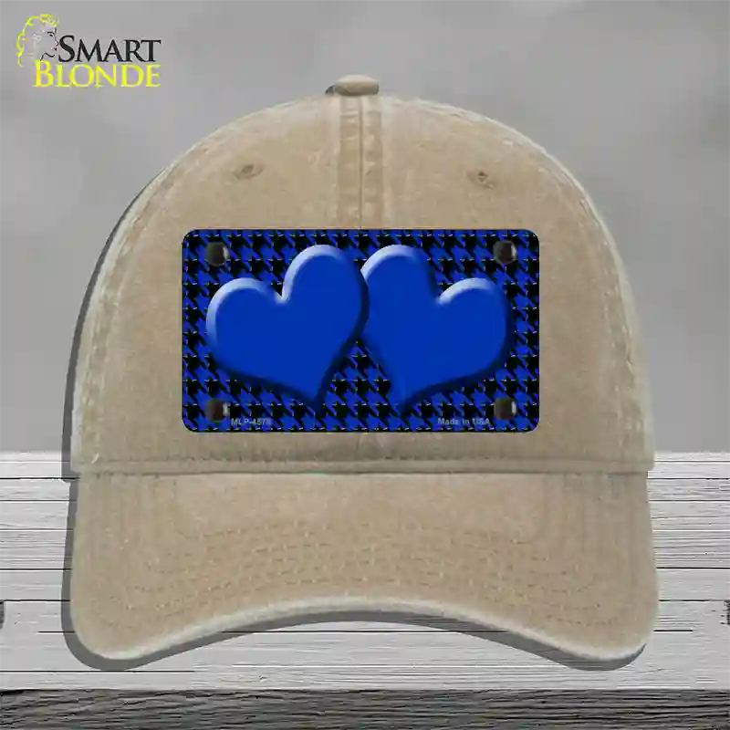 Blue Black Houndstooth Blue Center Hearts Novelty License Plate Hat Unconstructed Cotton / Khaki