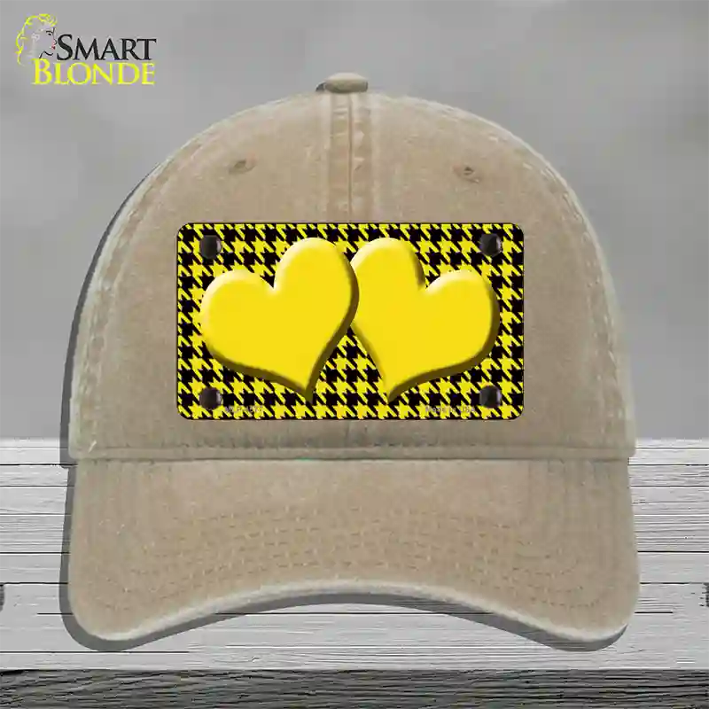 Yellow Black Houndstooth Yellow Center Hearts Novelty License Plate Hat Unconstructed Cotton / Khaki