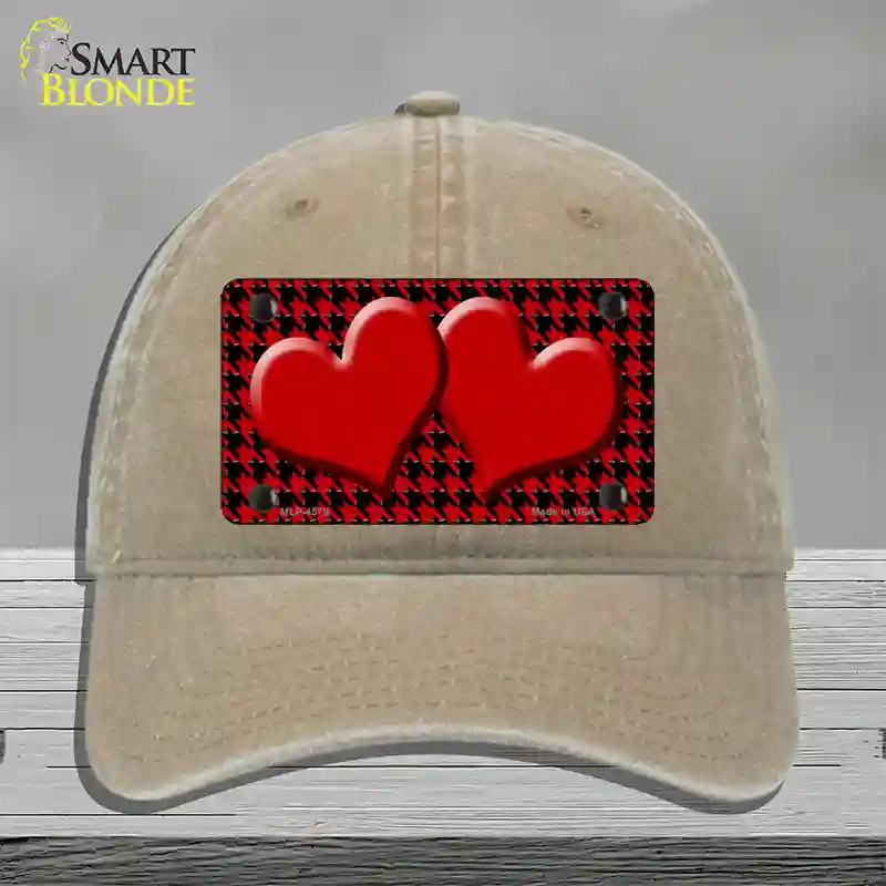 Red Black Houndstooth Red Center Hearts Novelty License Plate Hat Unconstructed Cotton / Khaki