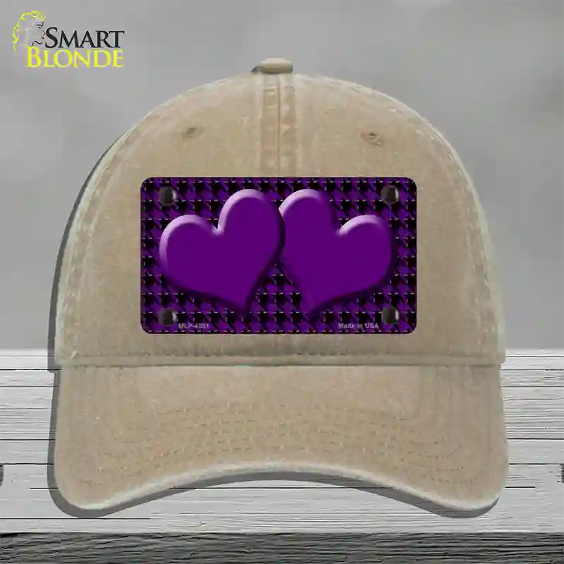 Purple Black Houndstooth Purple Center Hearts Novelty License Plate Hat Unconstructed Cotton / Khaki